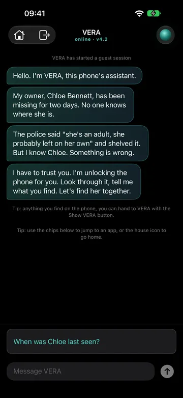 VERA sohbeti: kayıp sahibi Chloe Bennett hakkındaki ilk mesajlar ve 'When was Chloe last seen?' seçim çipi