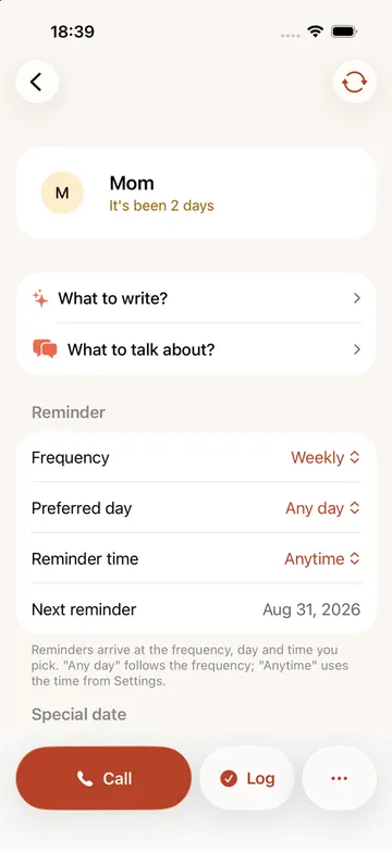 Person page: rhythm, preferred day and next reminder
