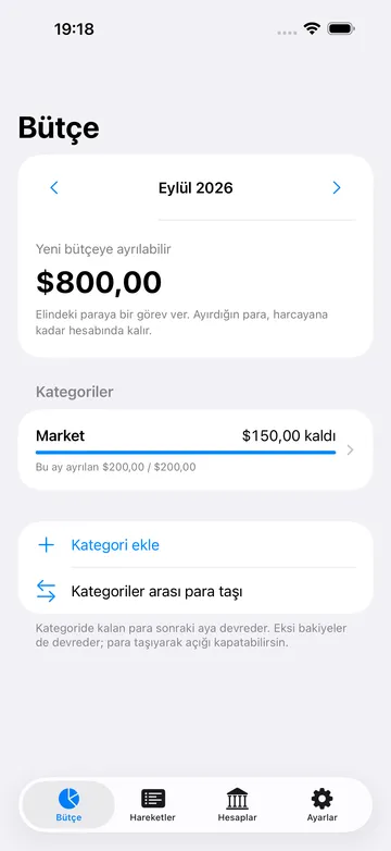 Örnek verilerle Türkçe bütçe ekranı: ayrılabilir para, Market kategorisi ve aylık hedef