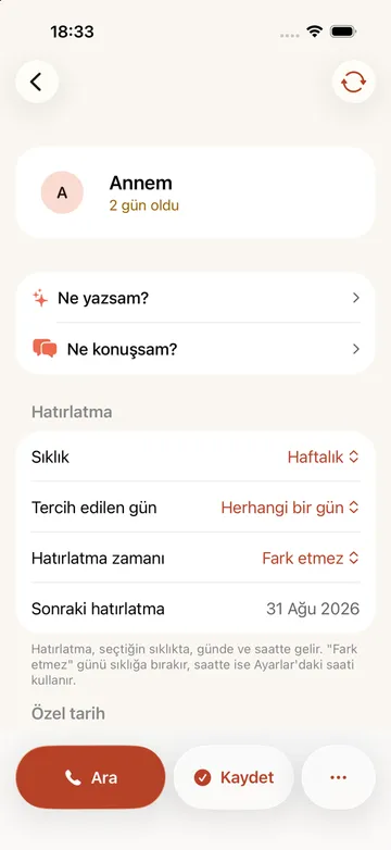 Kişi sayfası: ritim, tercih edilen gün ve sonraki hatırlatma